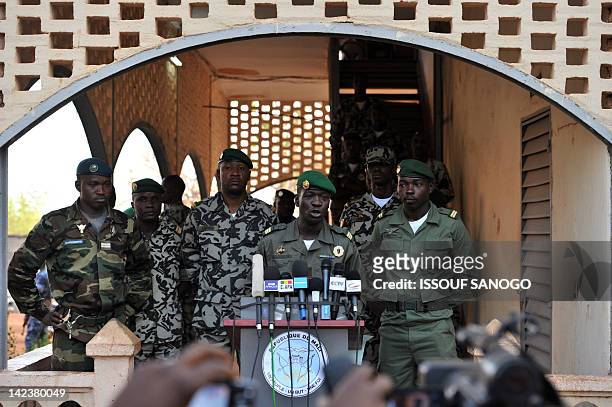 Malian military junta leader captain Amadou Sanogo speaks on April 3, 2012 at Kati military camp near Bamako. Mali's under-fire junta called a...