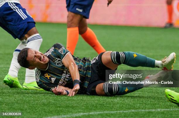 Marky Delgado, of Los Angeles Galaxy reacts after being tackled in action against Whitecaps FC at BC Place on September 14, 2022 in Vancouver, Canada.