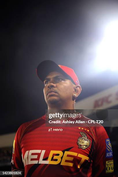 Sunil Narine of Trinbago Knight Riders looks on after the Men's 2022 Hero Caribbean Premier League match between Trinbago Knight Riders and Guyana...