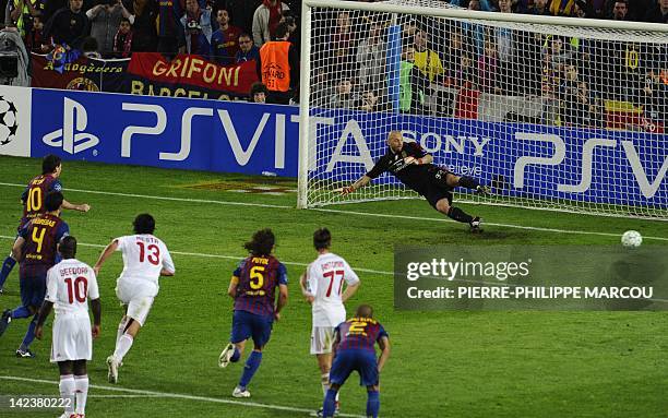 Barcelona's Argentinian forward Lionel Messi scores his second penalty during the Champions League quarter-final second leg football match FC...