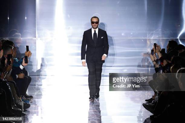 Designer Tom Ford walks the runway at the conclusion of his fashion show during New York Fashion Week: The Shows at Skylight on Vesey on September...