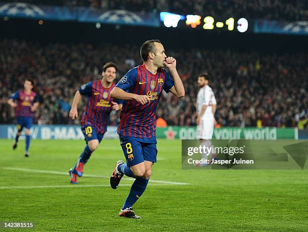 Andres Iniesta of FC Barcelona celebrates scoring during the Champions League quarter-final second leg match between FC Barcelona and AC Milan at the...