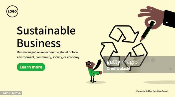 in the concept of sustainable business and environmental protection, a big hand draws a recycling symbol to a businessman - executive sponsorship stock illustrations