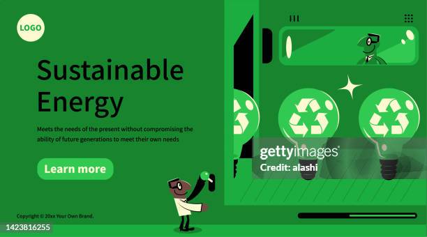 stockillustraties, clipart, cartoons en iconen met in the concept of sustainable energy and environmental protection, engineers or scientists work in a factory with a production line that shows a row of great idea light bulbs with a recycling symbol - energie sparen