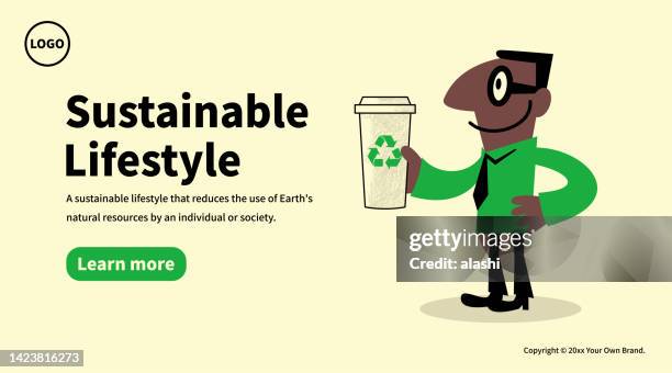 go green, eco-consumerism, green consumerism, a customer holding a cup that has a recycling symbol - reusable cup stock illustrations