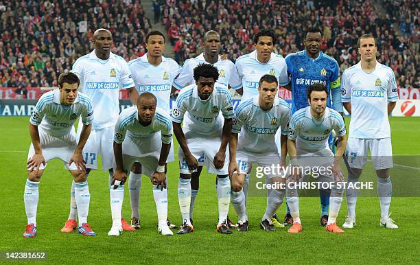 Players of Olympique de Marseille pose prior to the UEFA Champions League second leg quarter-final football match FC Bayern Munich vs Olympique de...