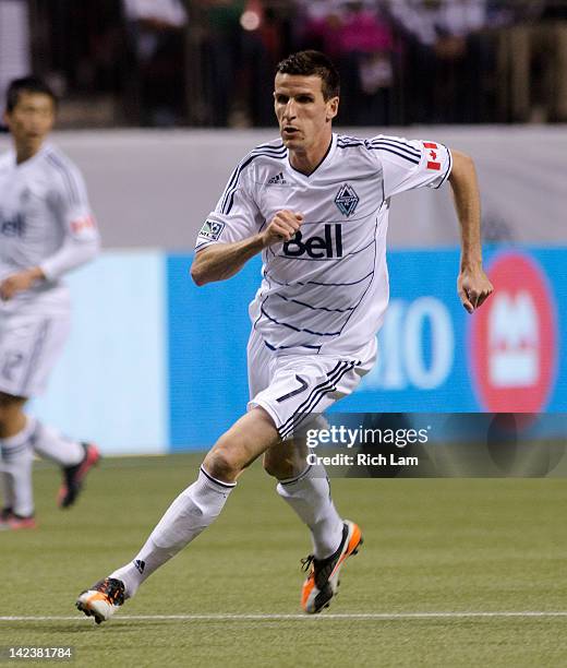 Sebastien Le Toux of the Vancouver Whitecaps runs during MLS soccer action against D.C. United on March 24, 2012 at B.C. Place in Vancouver, British...