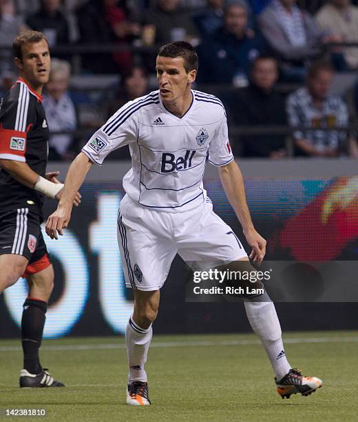 Sebastien Le Toux of the Vancouver Whitecaps runs during MLS soccer action against D.C. United on March 24, 2012 at B.C. Place in Vancouver, British...