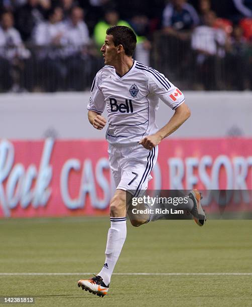 Sebastien Le Toux of the Vancouver Whitecaps runs during MLS soccer action against D.C. United on March 24, 2012 at B.C. Place in Vancouver, British...
