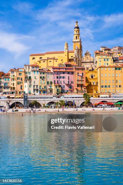 colorful buildings of menton in the french riviera - menton stock pictures, royalty-free photos & images