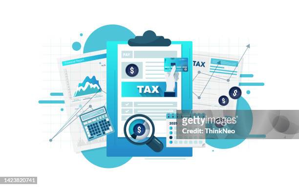 ilustraciones, imágenes clip art, dibujos animados e iconos de stock de concepto de cálculo de impuestos - devolución del saque