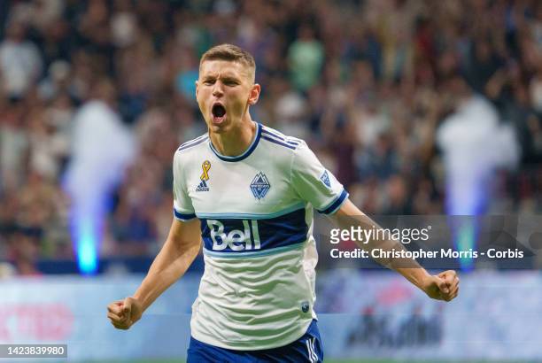 Ranko Veselinovic of the Vancouver Whitecaps FC celebrates Ryan Gauld's goal against the LA Galaxy at BC Place on September 14, 2022 in Vancouver,...