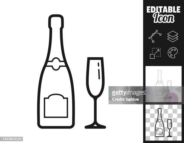 champagne bottle and glass. icon for design. easily editable - champagne flute transparent background stock illustrations