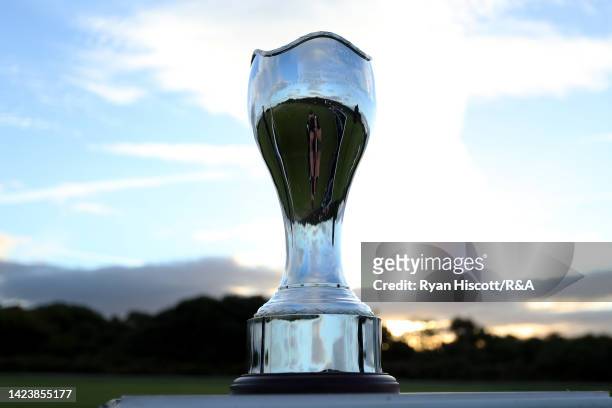 Detailed view of the R&A Women's Senior and Men's Senior Home Internationals trophy on the tee of the 1st Hole prior to the R&A Women's Senior and...