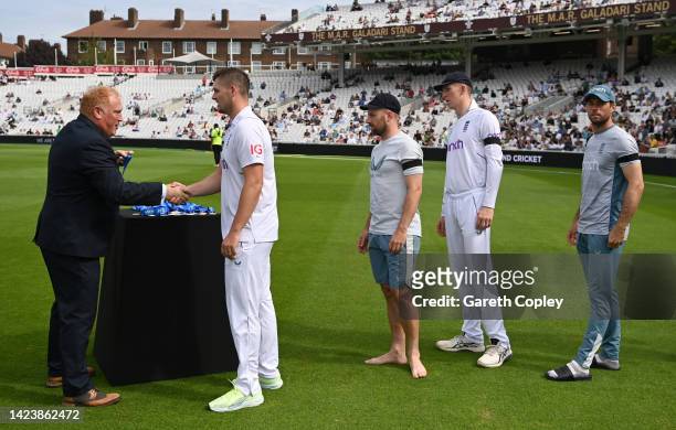 England players are presented their winner's medals during day five of the Third LV= Insurance Test Match between England and South Africa at The Kia...