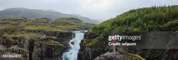 young man standing at rushing waterfal in a volcanic landscape - austurland stock pictures, royalty-free photos & images