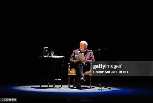 Uruguayan writer Eduardo Galeano reads from his new book "Los hijos de los dias" at the Solis Theater in Montevideo on April 3, 2012. AFP...