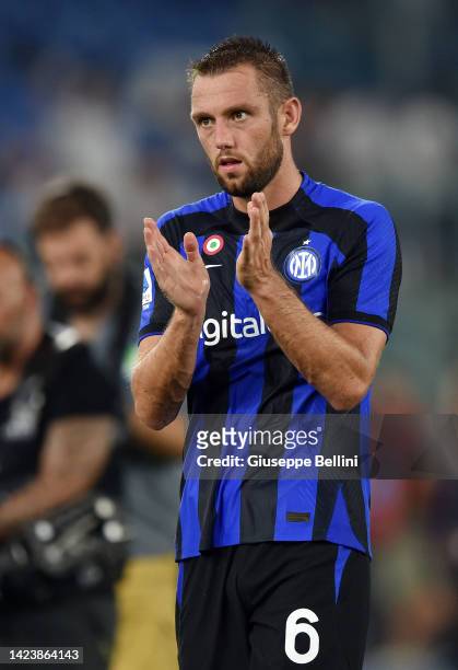 Stefan de Vrij of FC Internazionale looks on after the Serie A match between SS Lazio and FC Internazionale at Stadio Olimpico on August 26, 2022 in...