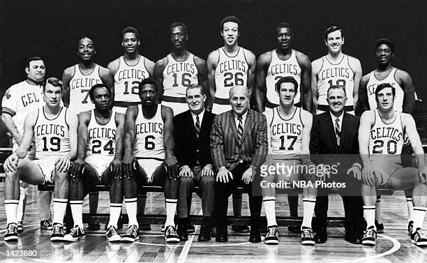 The 1968-69 World Champions of basketball Boston Celtics pose for a team portrait at the Boston Garden in Boston, Massachusetts in 1969. Front row :...