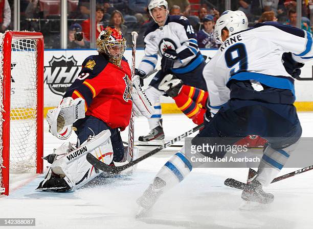 Evander Kane of the Winnipeg Jets scores a goal against goaltender Jose Theodore of the Florida Panthers in the second period on April 3, 2012 at the...