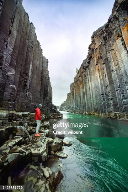 young man standing in the majestic stuðlagil studlagil canyon looking down - patina stock pictures, royalty-free photos & images