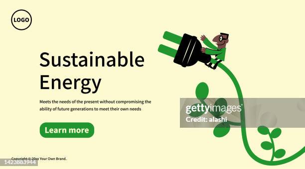 in the concept of sustainable energy and environmental protection, a businessman shows a big electric plug - sustainable business stock illustrations