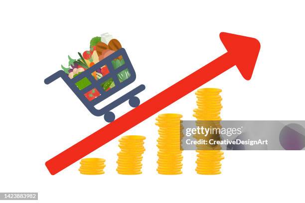 konzept der lebensmittelinflation. einkaufswagen mit lebensmitteln auf pfeilsymbol. der anstieg der lebensmittelpreise - high rise stock-grafiken, -clipart, -cartoons und -symbole