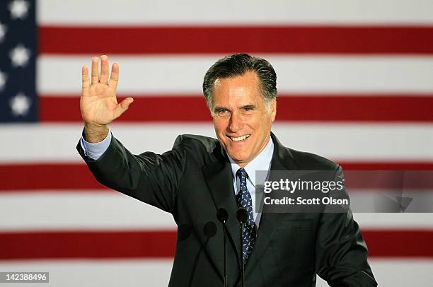 Republican presidential candidate, former Massachusetts Governor Mitt Romney speaks to supporters at an election-night rally April 3, 2012 in...