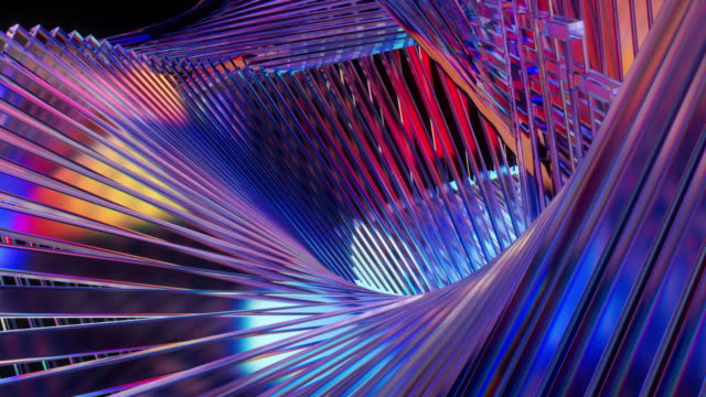 Digitally generated background with mirrored elements illuminated by multi colored light for an artistic motion graphic design
