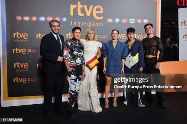 Maximo Huerta, Maria Eizaguirre and Chanel Terrero attend the presentation of RTVE's new season 22-23, September 14 in Madrid, Spain.