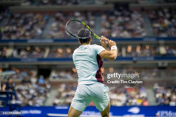 September 11: Carlos Alcaraz of Spain in action against Casper Ruud of Norway in the Men's Singles Final on Arthur Ashe Stadium during the US Open...