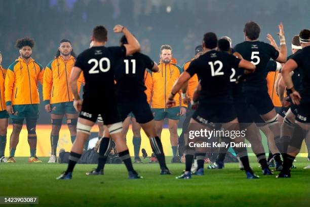 James Slipper of the Wallabies and Wallabies team look on during the All Black's Haka during The Rugby Championship & Bledisloe Cup match between the...