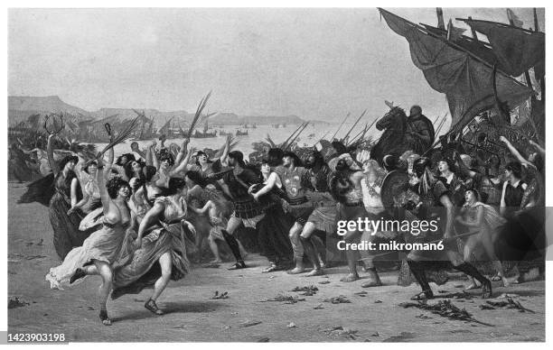 old engraved illustration of victors of the battle of salamis celebrating - marine biology photos et images de collection