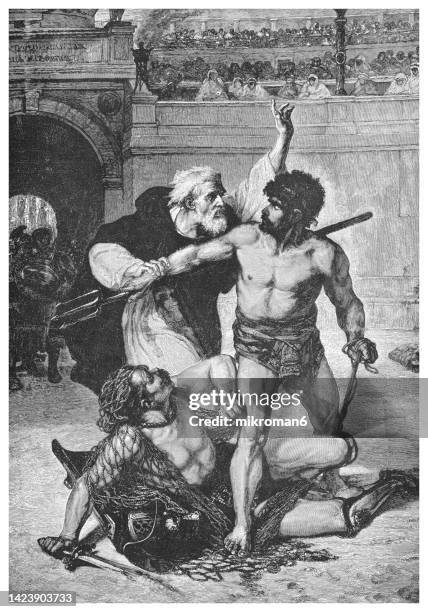 old engraved illustration of the last gladiatorial contest - punishment of slaves stock pictures, royalty-free photos & images