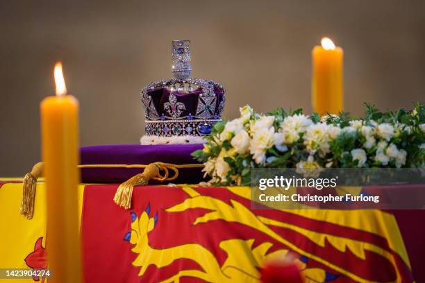 General view of the Imperial State Crown as the coffin carrying Queen Elizabeth II rests in Westminster Hall for the Lying-in State on September 14,...