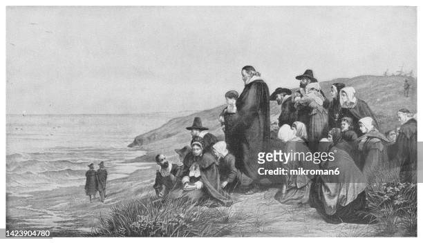 old engraved illustration of departure of the mayflower - mayflower pilgrim stock pictures, royalty-free photos & images