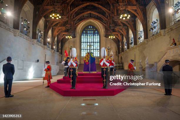 Queen Elizabeth II lies-in State in an empty Palace of Westminster Hall ahead of the public being allowed in to pay their respects to the late Queen...