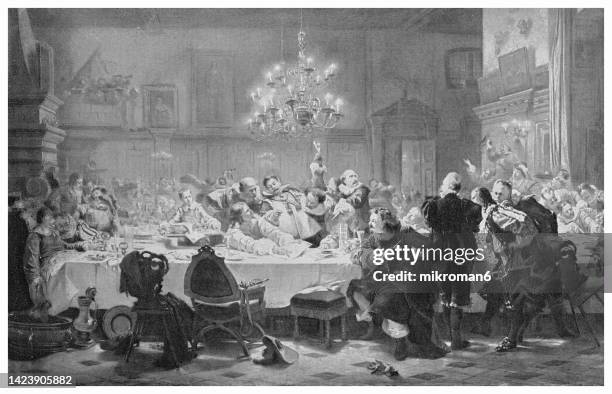 old engraved illustration of albrecht wenzel eusebius von wallenstein (bohemian general) last banquet - head of state stock pictures, royalty-free photos & images