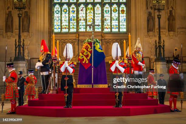 Queen Elizabeth II lies-in State in an empty Palace of Westminster Hall ahead of the public being allowed in to pay their respects to the late Queen...