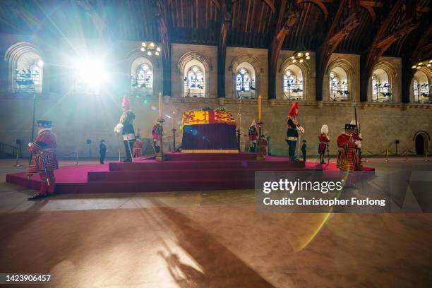 Queen Elizabeth II lies-in State in an empty Palace of Westminster Hall ahead of the public being allowed in to pay their respects to the late Queen...