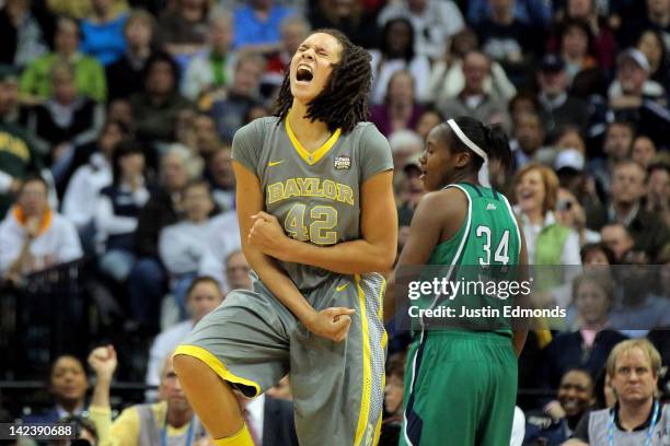 Brittney Griner of the Baylor Bears celebrates late in the second ahlf against the Notre Dame Fighting Irish during the National Final game of the...