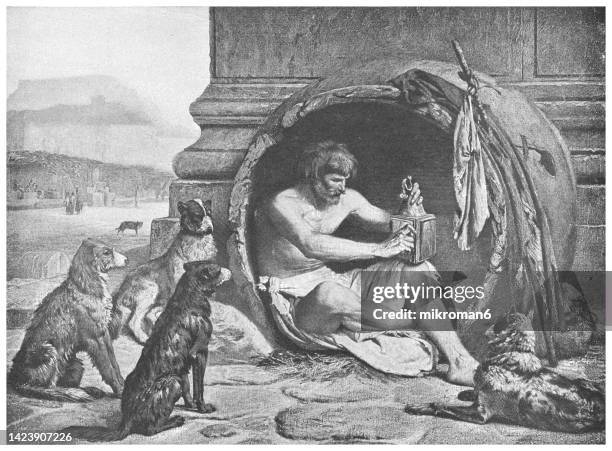 old engraved illustration of diogenes of sinope sitting in his tub - dogs life royals and their dogs stock-fotos und bilder