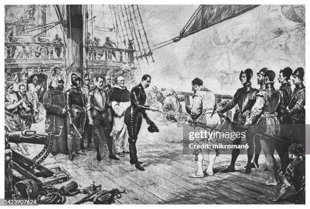 old engraved illustration of the francis drake accepting surrender of the andalusian flagship nuestra senora del rosario, on board the revenge during the spanish armada (1588) - drawings of ships stock pictures, royalty-free photos & images
