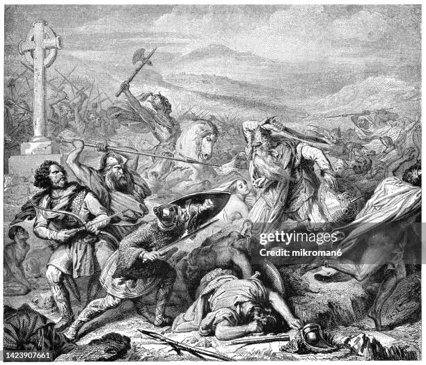 old engraving illustration of the legacy of charles martel and the battle of tours - battle stock pictures, royalty-free photos & images