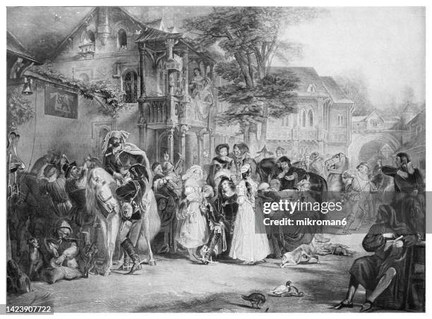 old engraved illustration of geoffrey chaucer and the canterbury pilgrims - pellegrino foto e immagini stock