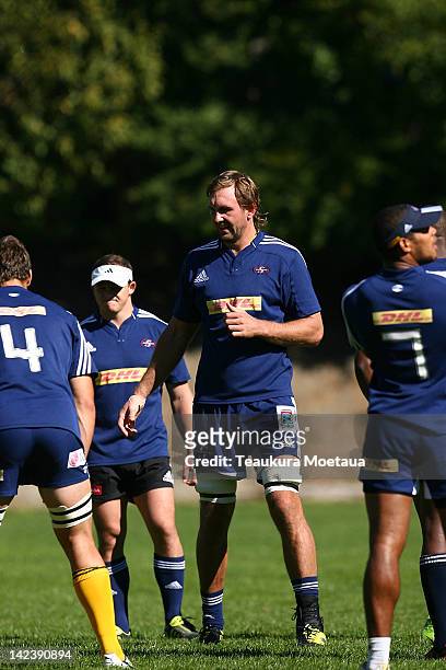 Andries Bekker calls the lineout moves during a Stormers Super Rugby training session at Queenstown Recreation Ground on April 4, 2012 in Queenstown,...