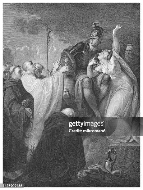 old engraved illustration of the conversion of ethelbert (anglo-saxon king of kent) to christianity by saint augustine of canterbury - canterbury england stockfoto's en -beelden