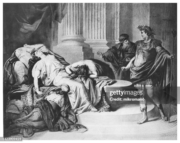 old engraved illustration of caesar augustus finding cleopatra after she committed suicide by snake bite - caesar must die fotografías e imágenes de stock