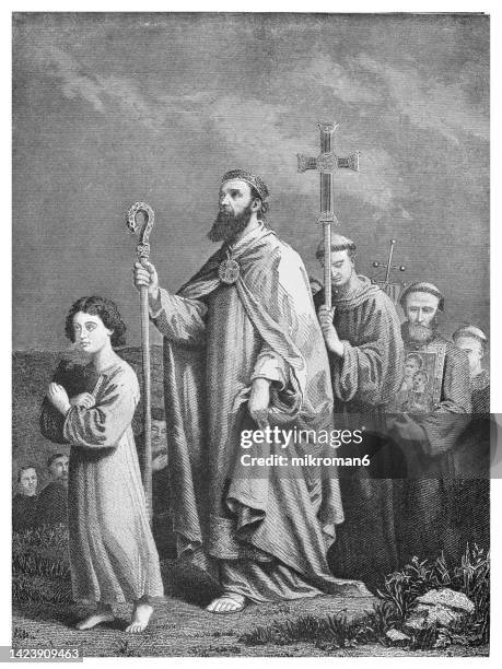 old engraved illustration of saint patrick journeying to tara to convert the irish to christianity in the 5th century ad - saint patrick fotografías e imágenes de stock