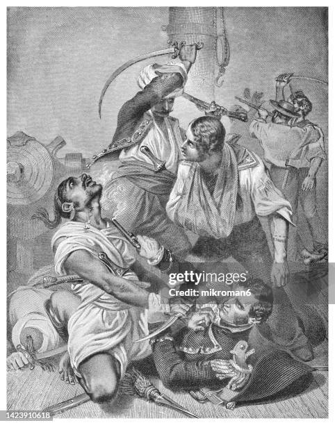 old engraved illustration of stephen decatur's conflict with the algerine at tripoli - algerian war stock pictures, royalty-free photos & images